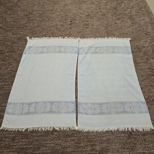Vintage 70s‎ Cannon Monticello Hand Towel Set Textured Flowers Fringe Light Blue